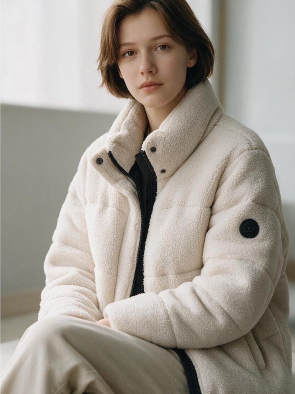 Michael Kors Cozy Sherpa Puffer Jacket in Cream - Women's